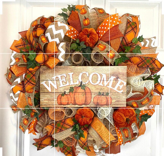 Fall Wreath, Farmhouse Pumpkin, Thanksgiving Decor, Mesh Wreath, Autumn