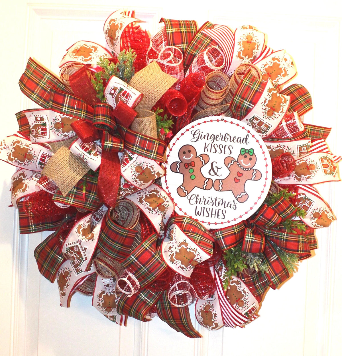 Gingerbread Kisses Christmas Wreath: Candy Cane & Plaid Ribbons