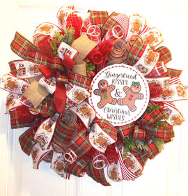 Gingerbread Kisses Christmas Wreath: Candy Cane & Plaid Ribbons