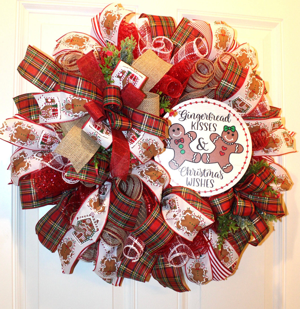 Gingerbread Kisses Christmas Wreath: Candy Cane & Plaid Ribbons