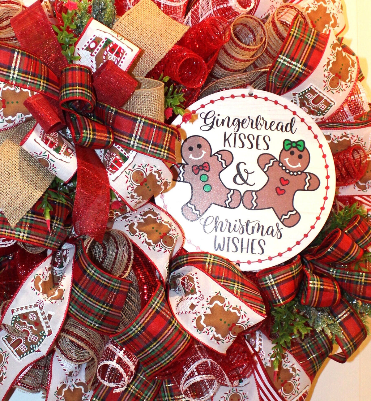 Gingerbread Kisses Christmas Wreath: Candy Cane & Plaid Ribbons