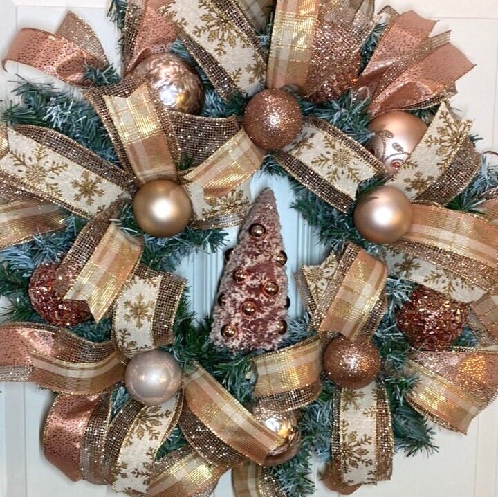 Lighted Rose Gold Wreath, Christmas Ornament Wreath, Holiday Porch Decor