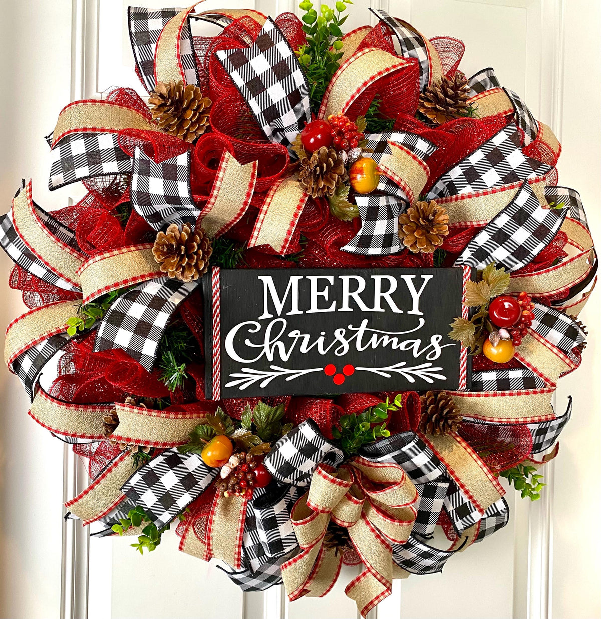 Buffalo Plaid Christmas Wreath: Apple Pinecone Williamsburg Style