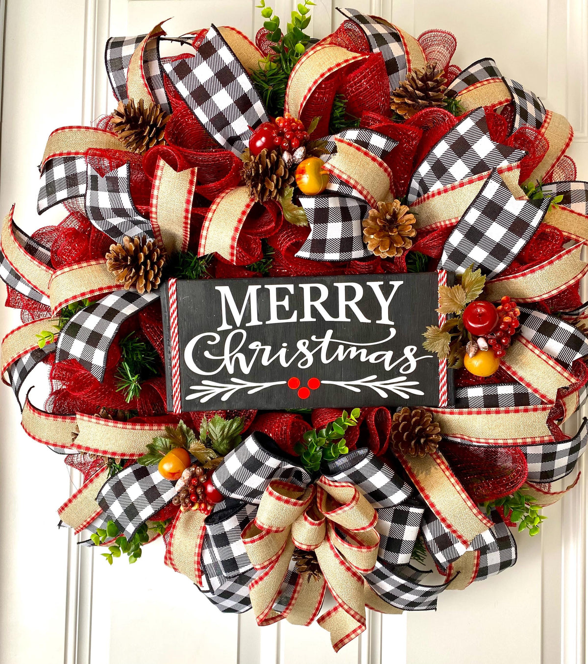 Buffalo Plaid Christmas Wreath: Apple Pinecone Williamsburg Style