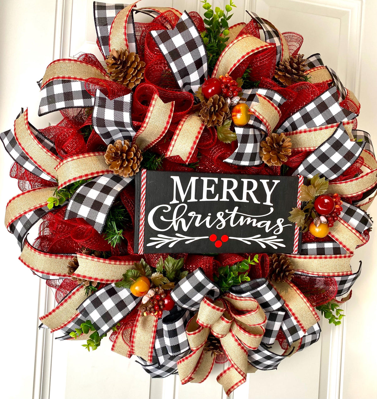 Buffalo Plaid Christmas Wreath: Apple Pinecone Williamsburg Style