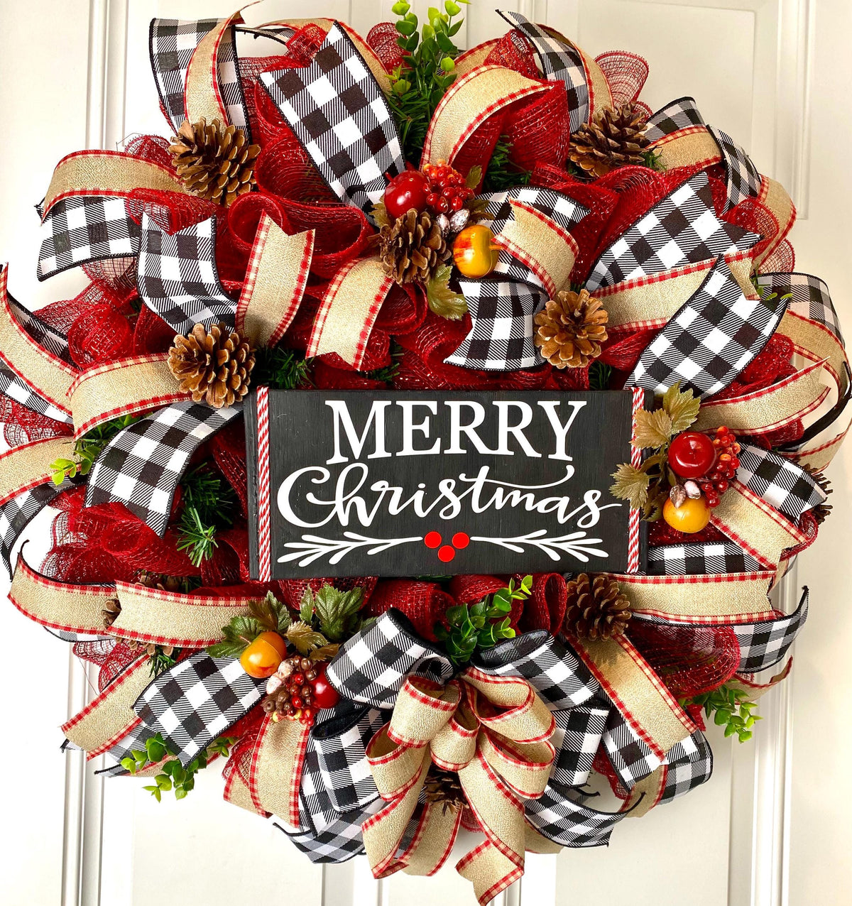 Buffalo Plaid Christmas Wreath: Apple Pinecone Williamsburg Style