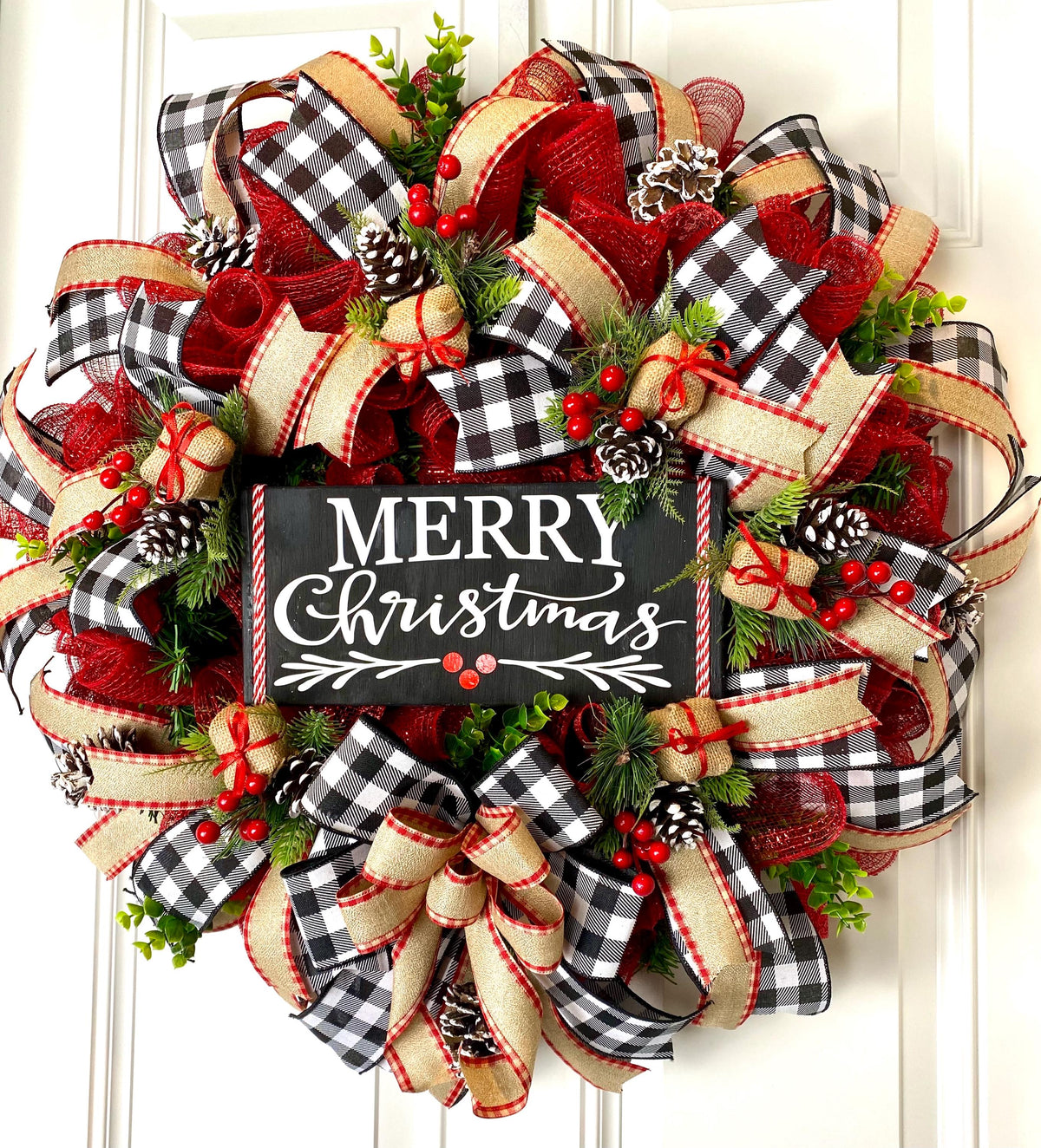 Farmhouse Christmas Wreath: Buffalo Plaid, Red Berries & Burlap