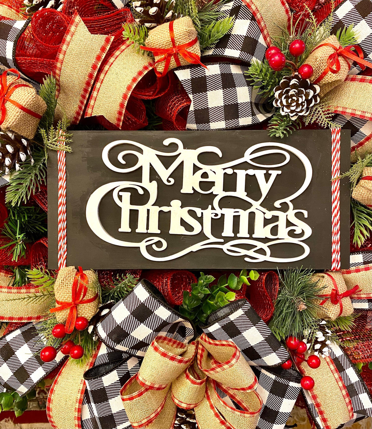 Farmhouse Christmas Wreath: Buffalo Plaid, Red Berries & Burlap