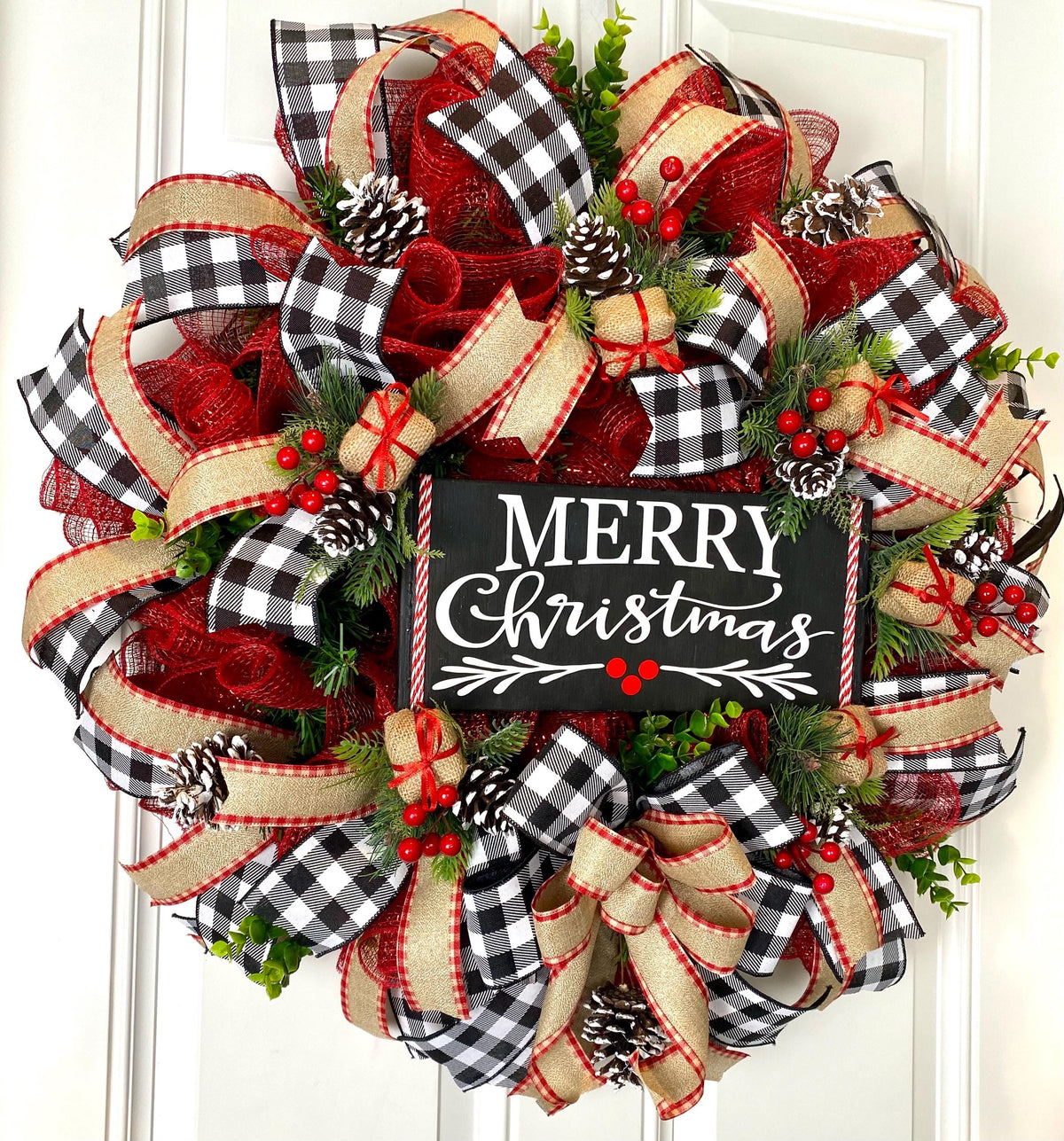 Farmhouse Christmas Wreath: Buffalo Plaid, Red Berries & Burlap