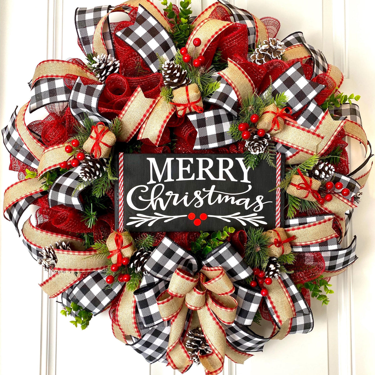 Farmhouse Christmas Wreath: Buffalo Plaid, Red Berries & Burlap