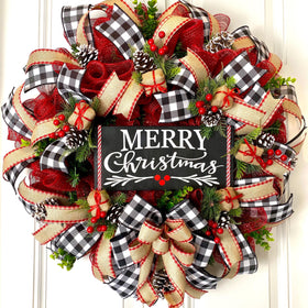 Farmhouse Christmas Wreath: Buffalo Plaid, Red Berries & Burlap
