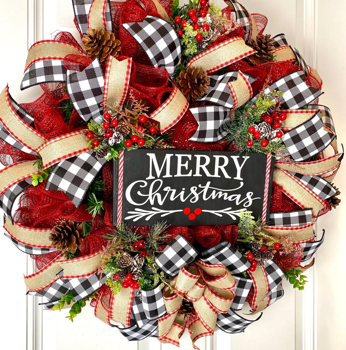XL Christmas Wreath: Farmhouse Buffalo Plaid, Pinecone & Berry Winter Decor