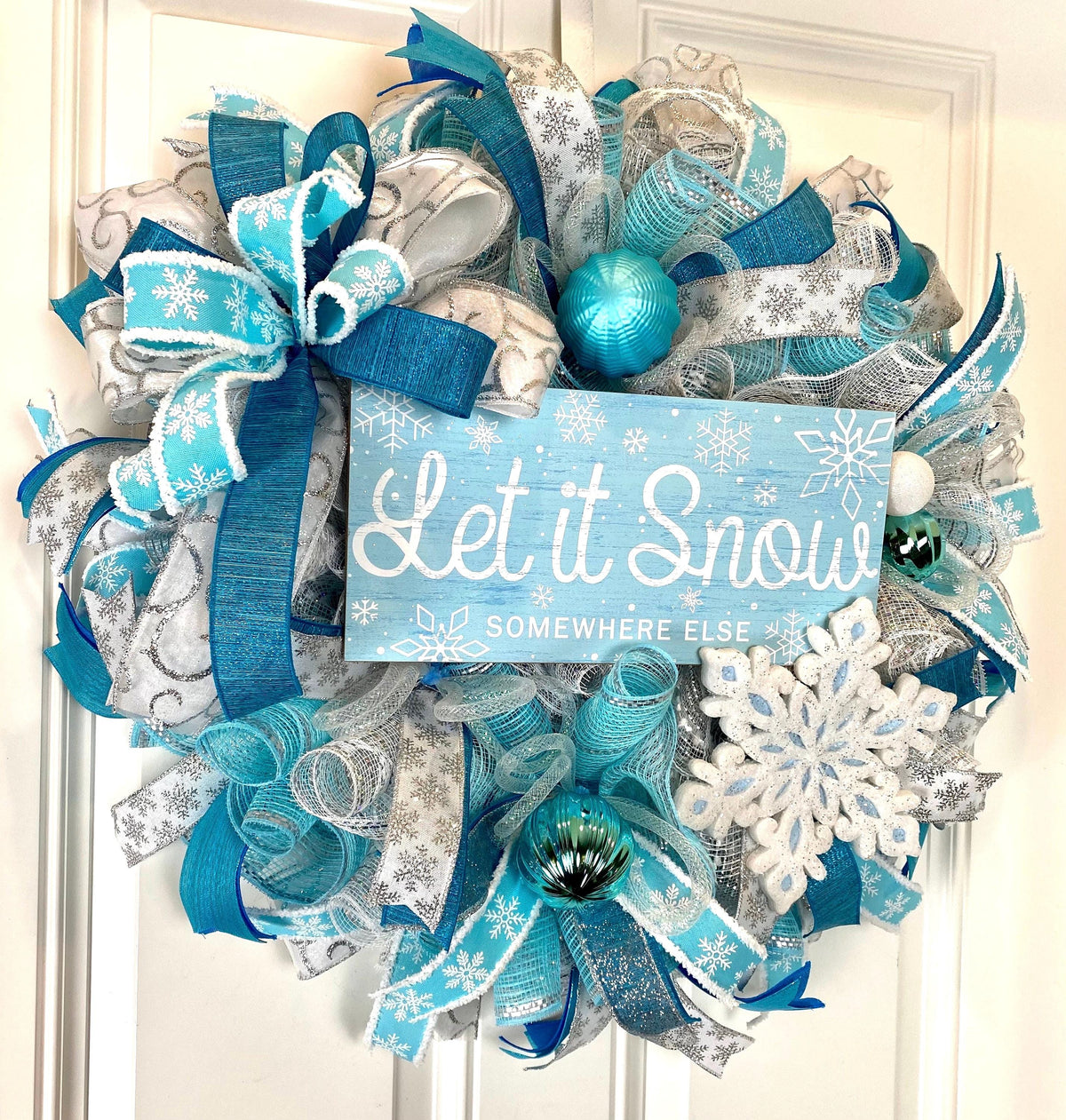 Teal & Silver Snowflake Winter Wreath: Elegant Holiday Door Decor