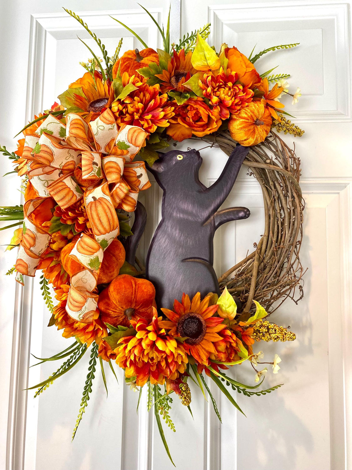 Black Cat Halloween Wreath, Peony & Sunflower Grapevine Wreath, Front Door Fall Floral