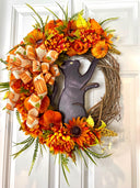 Black Cat Halloween Wreath, Peony & Sunflower Grapevine Wreath, Front Door Fall Floral