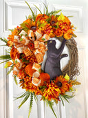 Black Cat Halloween Wreath, Peony & Sunflower Grapevine Wreath, Front Door Fall Floral
