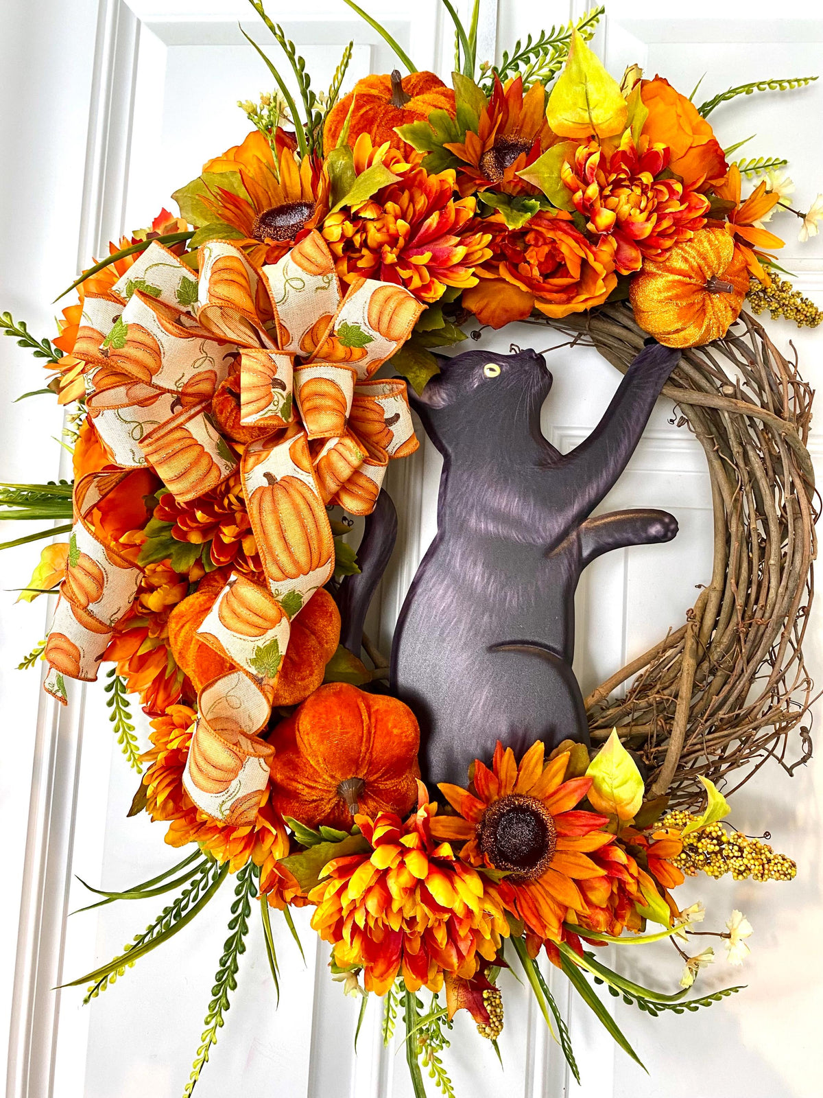 Black Cat Halloween Wreath, Peony & Sunflower Grapevine Wreath, Front Door Fall Floral