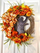 Black Cat Halloween Wreath, Peony & Sunflower Grapevine Wreath, Front Door Fall Floral