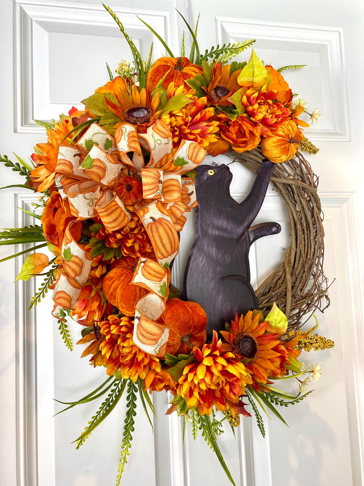 Black Cat Halloween Wreath, Peony & Sunflower Grapevine Wreath, Front Door Fall Floral
