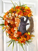 Black Cat Halloween Wreath, Peony & Sunflower Grapevine Wreath, Front Door Fall Floral