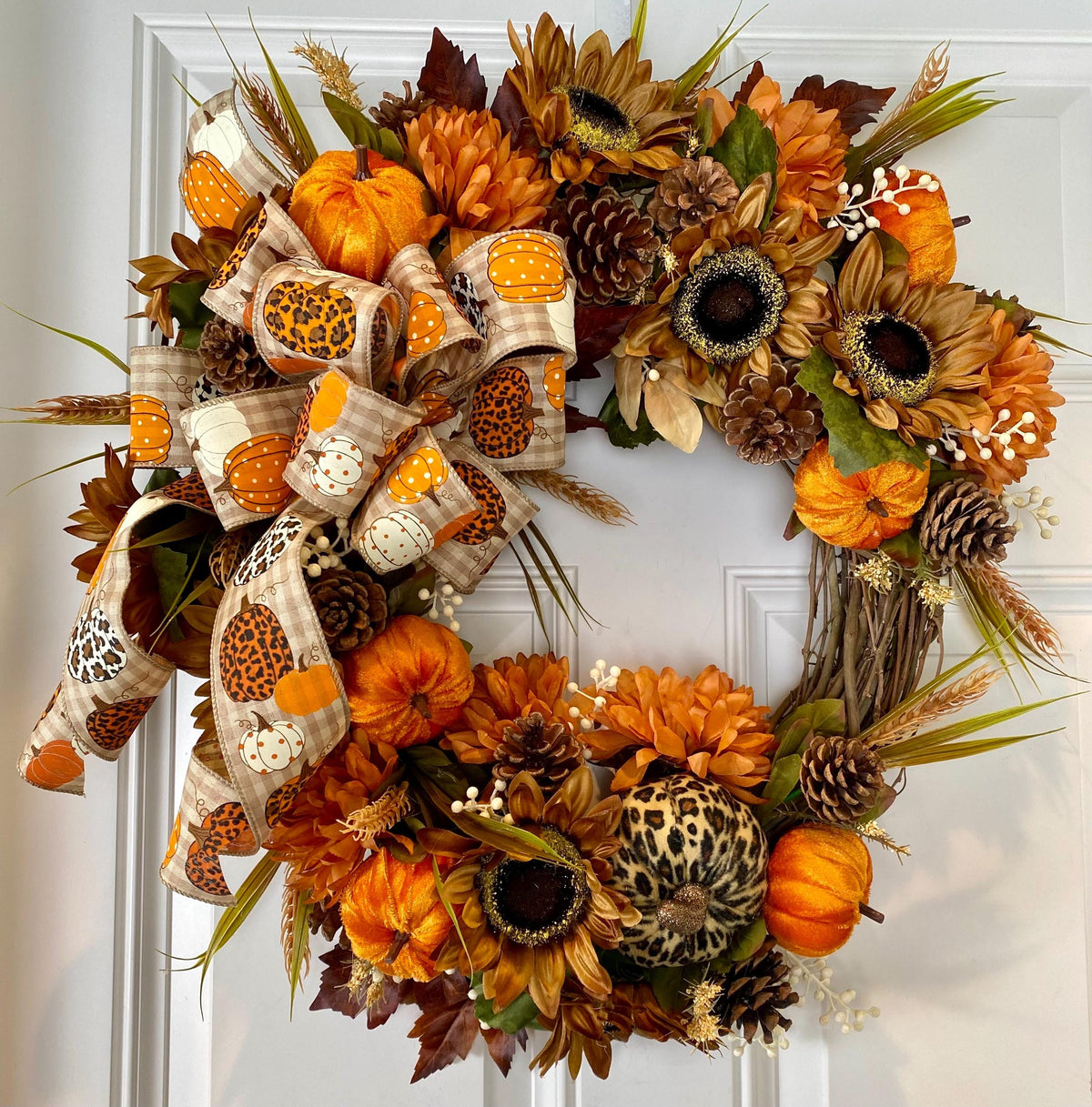 Fall Floral Leopard Pumpkin Wreath