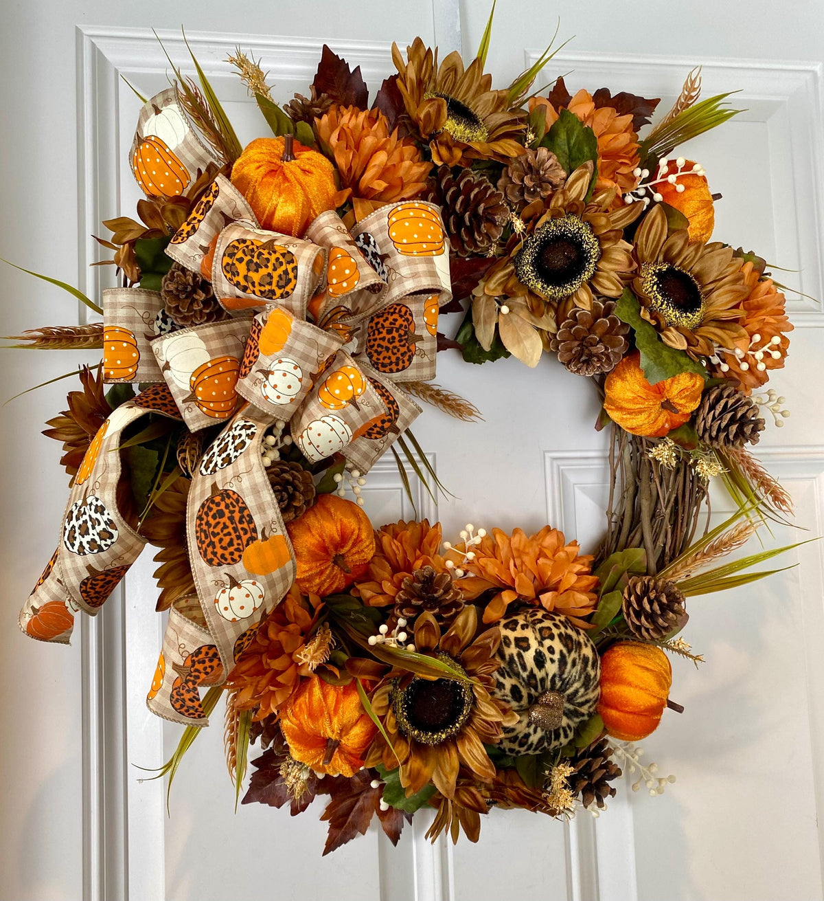 Fall Floral Leopard Pumpkin Wreath