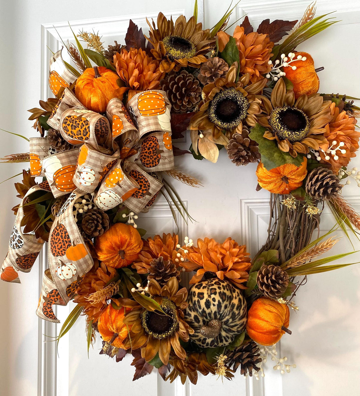 Fall Floral Leopard Pumpkin Wreath