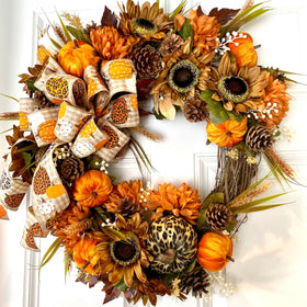 Fall Floral Leopard Pumpkin Wreath