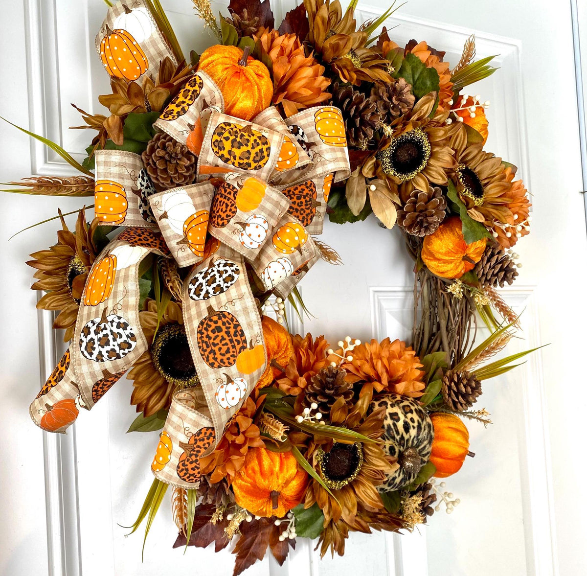 Fall Floral Leopard Pumpkin Wreath