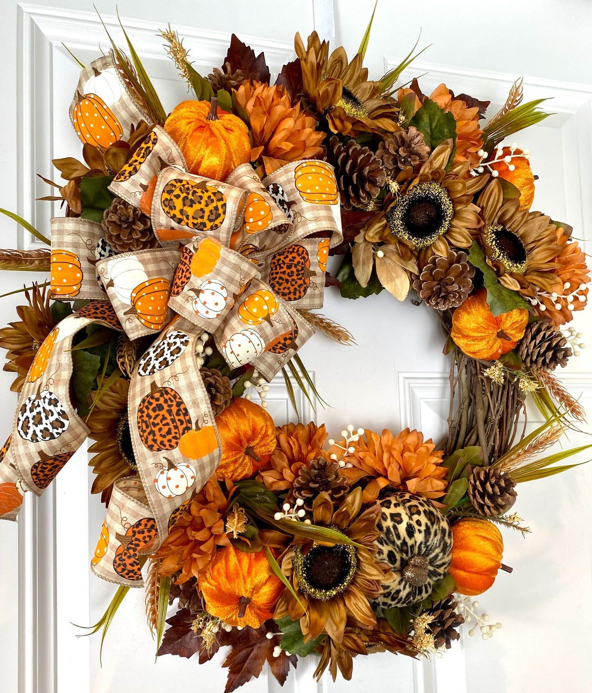 Fall Floral Leopard Pumpkin Wreath
