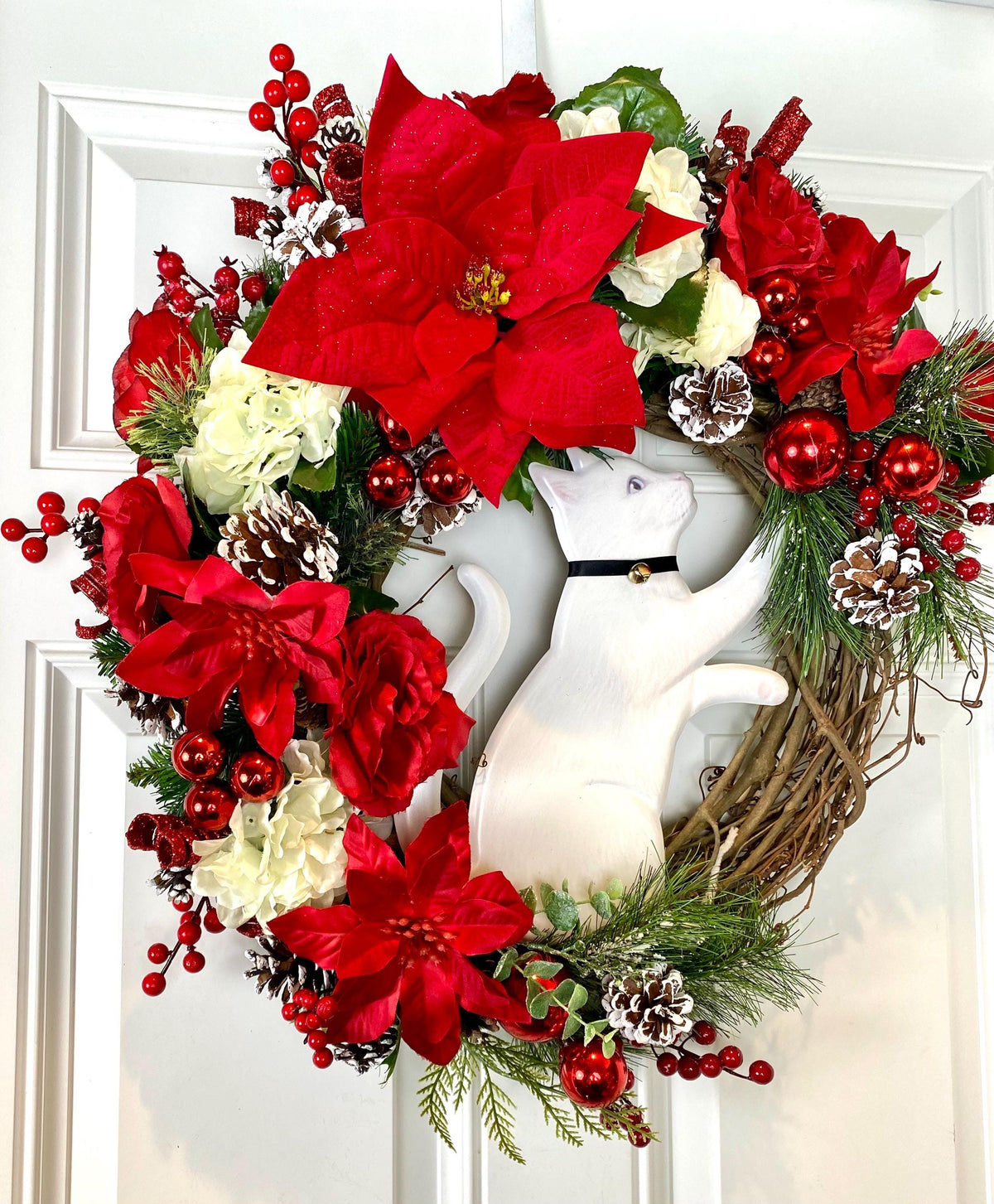 Christmas Cat Poinsettia Wreath,Ornament Pinecone Wreath, Holiday Ornament Wreath, Winter Porch Decor