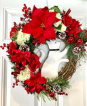 Christmas Cat Poinsettia Wreath,Ornament Pinecone Wreath, Holiday Ornament Wreath, Winter Porch Decor