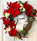 Christmas Cat Poinsettia Wreath,Ornament Pinecone Wreath, Holiday Ornament Wreath, Winter Porch Decor