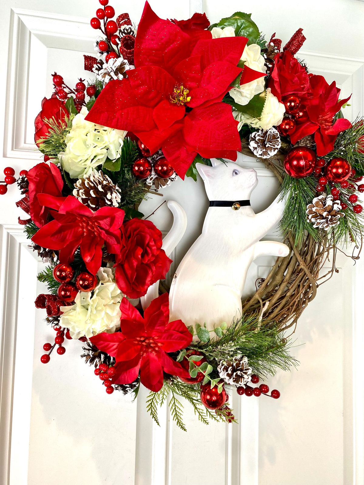 Christmas Cat Poinsettia Wreath,Ornament Pinecone Wreath, Holiday Ornament Wreath, Winter Porch Decor