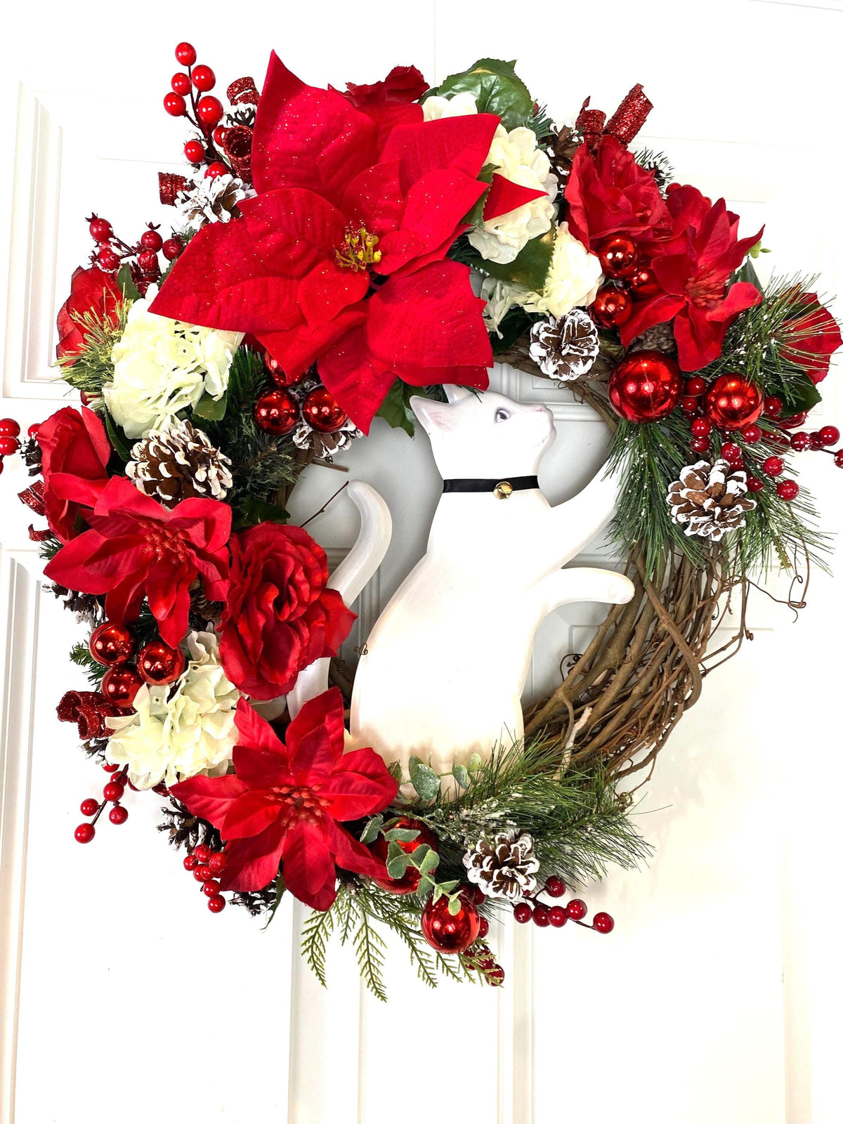 Christmas Cat Poinsettia Wreath,Ornament Pinecone Wreath, Holiday Ornament Wreath, Winter Porch Decor
