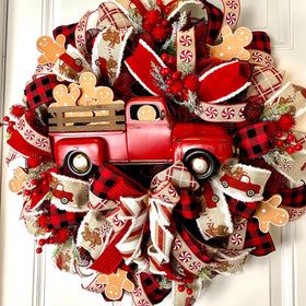 Red Truck Gingerbread Wreath, Rustic Christmas Decor, Front Porch Decoration