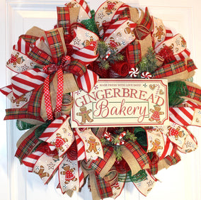 Christmas Gingerbread Bakery Wreath, Double Door, Christmas deco mesh wreath, Gingerbread bakery, Large Christmas Wreath for front door