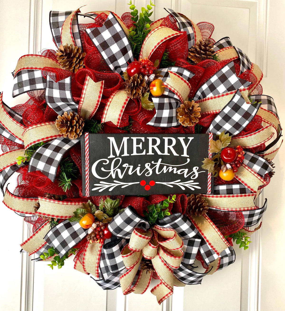 Buffalo Plaid Christmas Wreath: Apple Pinecone Williamsburg Style