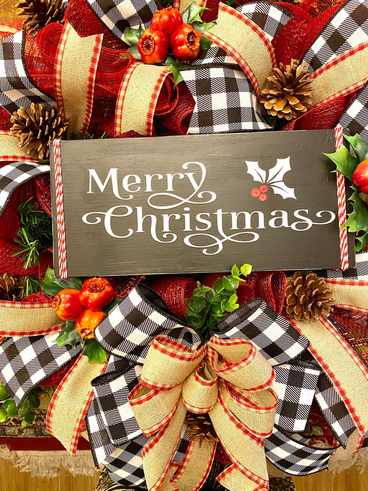 Pomegranate Christmas Wreath: Buffalo Plaid Farmhouse Winter Decor