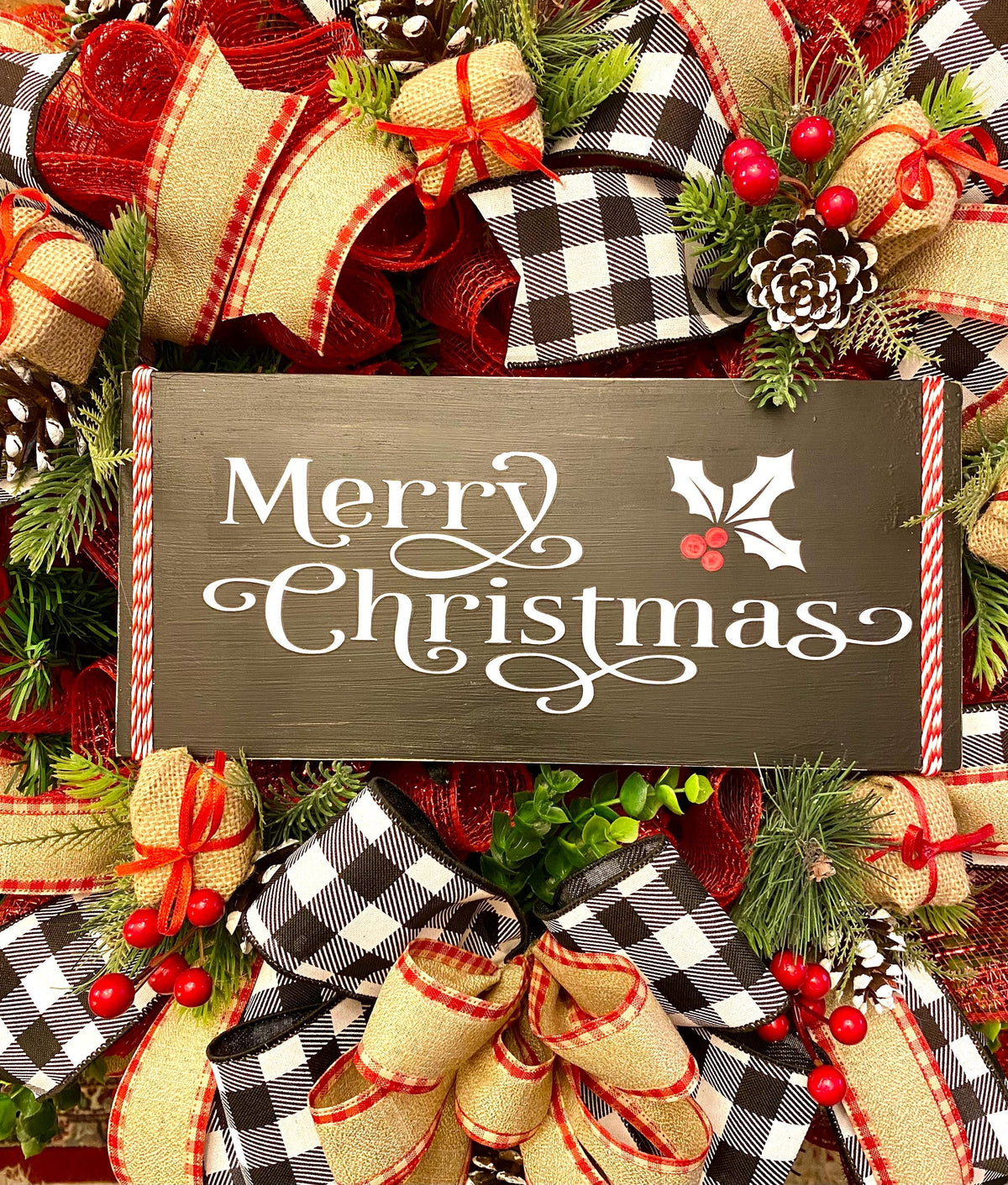 Farmhouse Christmas Wreath: Buffalo Plaid, Red Berries & Burlap