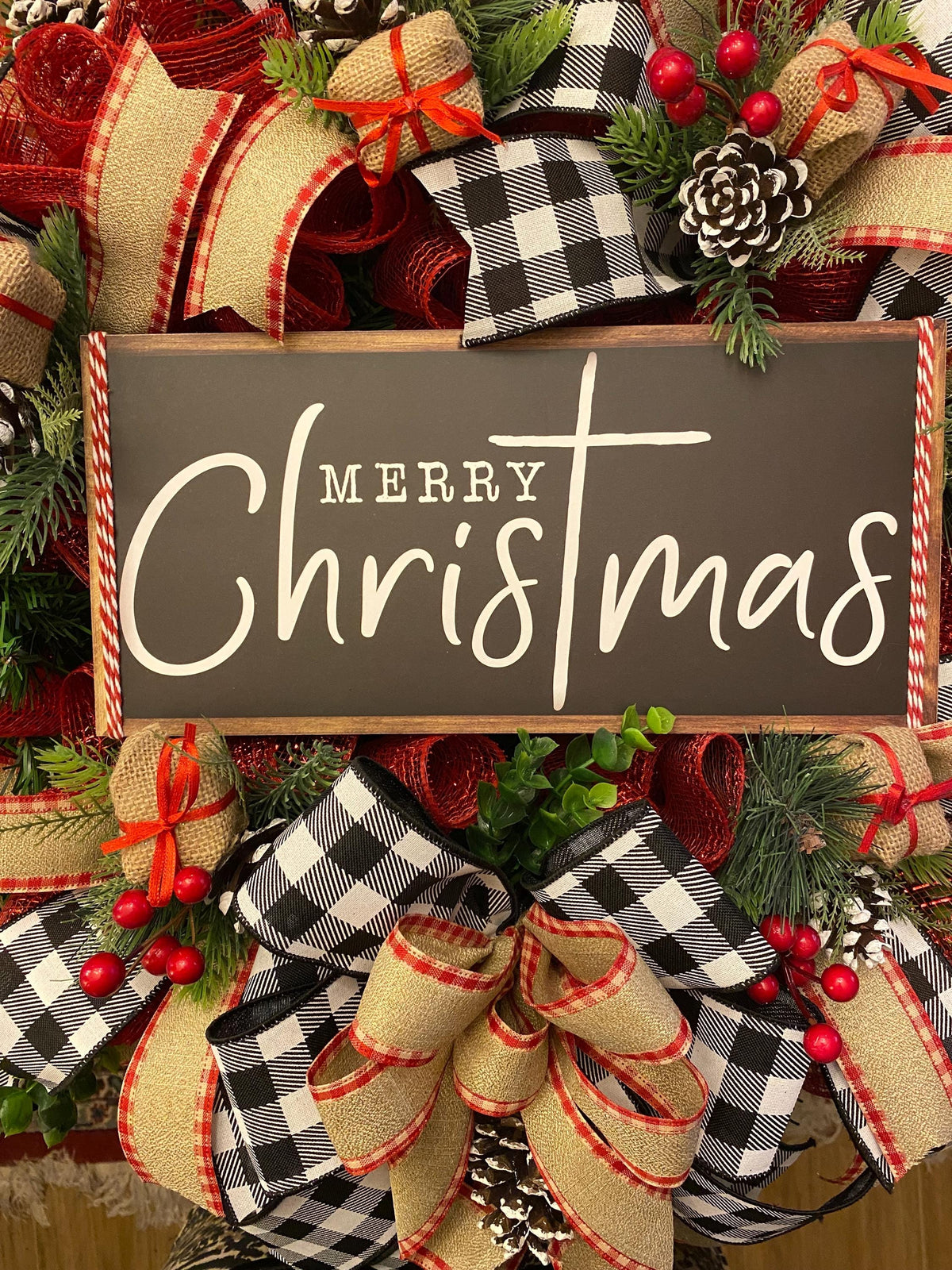 Farmhouse Christmas Wreath: Buffalo Plaid, Red Berries & Burlap