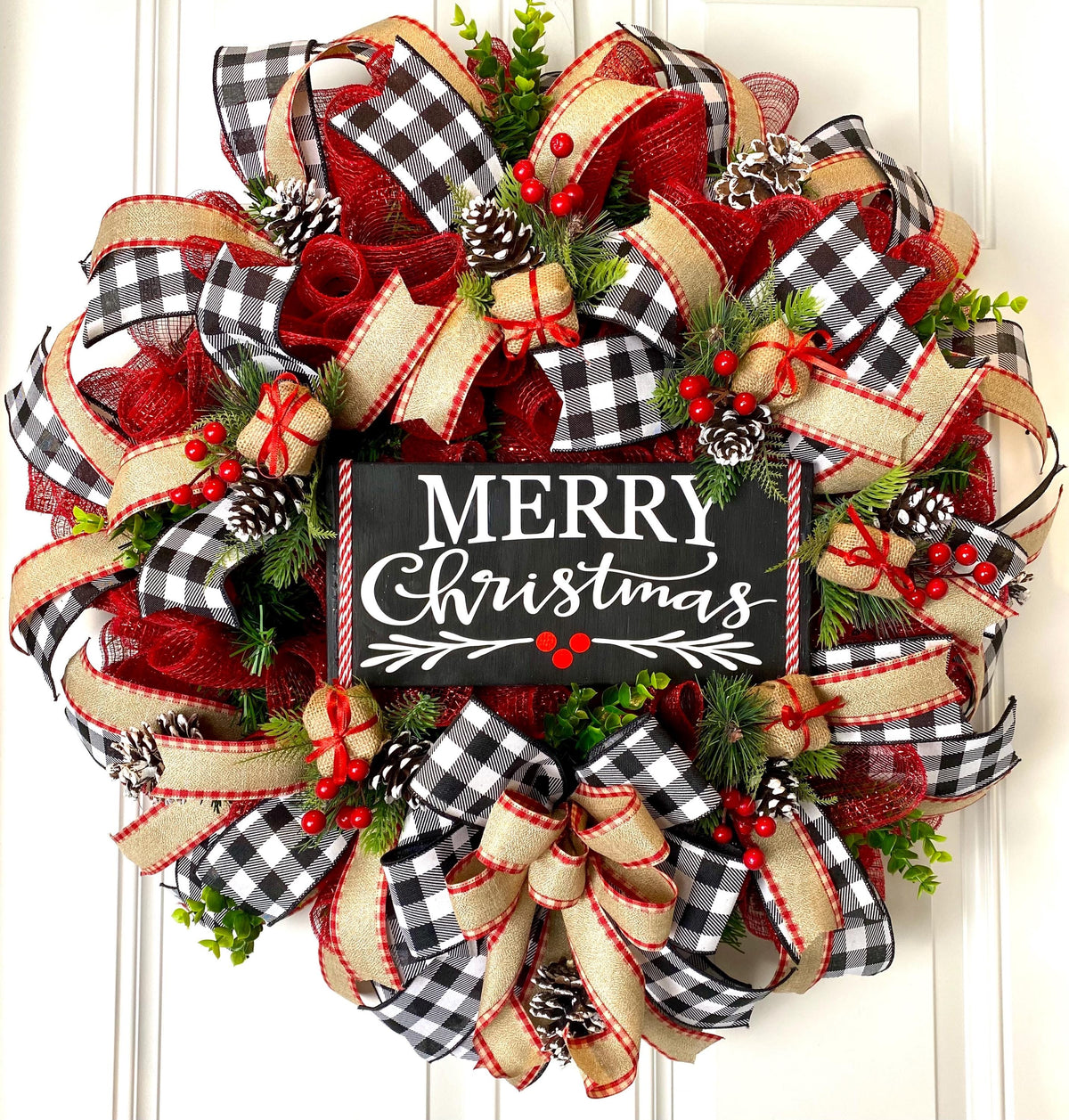 Farmhouse Christmas Wreath: Buffalo Plaid, Red Berries & Burlap