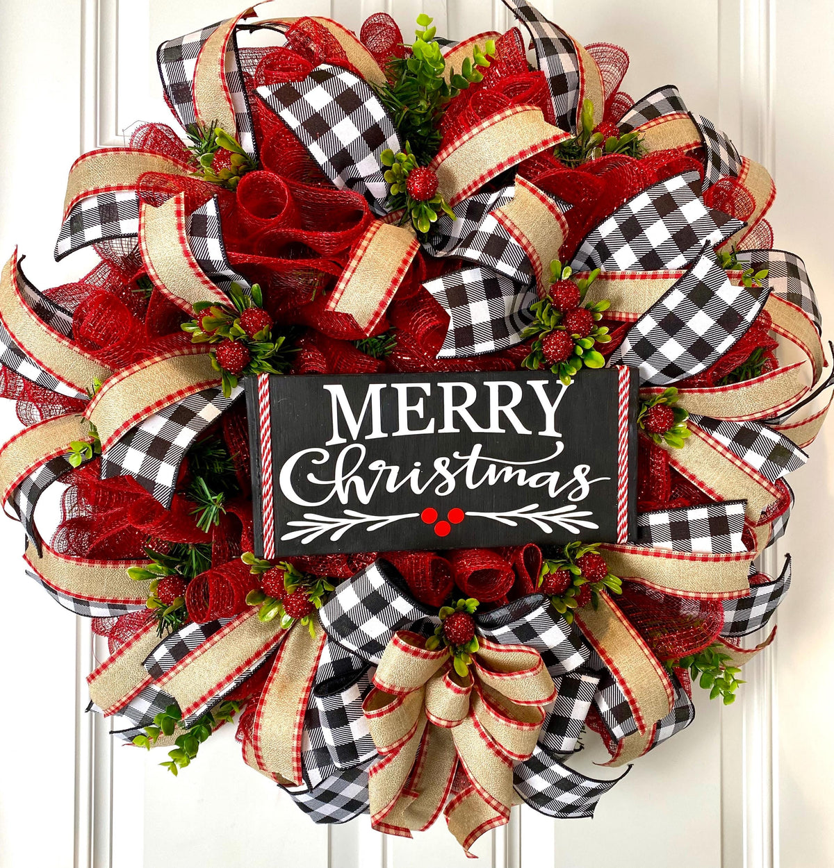 XL Christmas Wreath: Farmhouse Buffalo Plaid, Pinecone & Berry Winter Decor