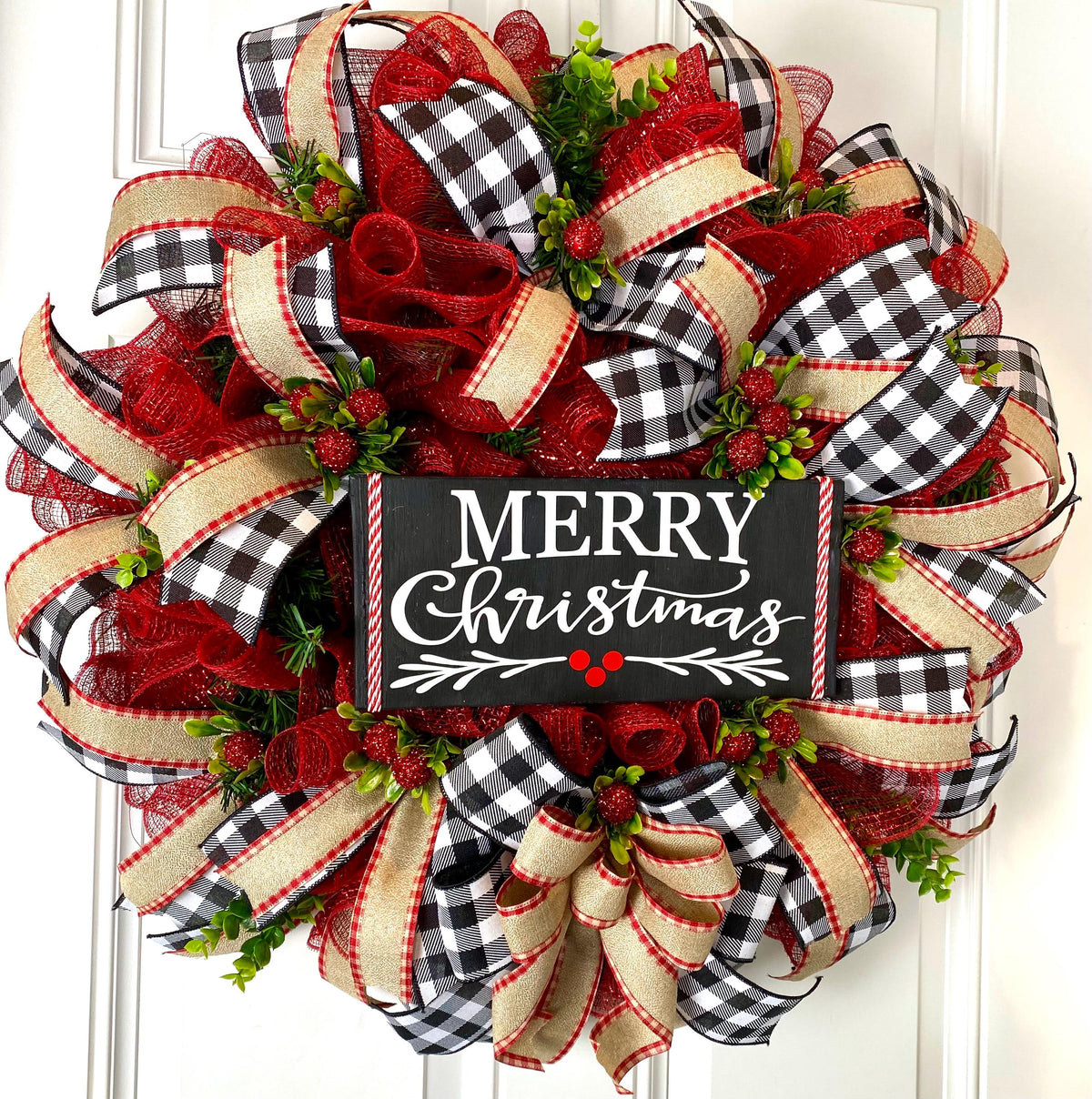 XL Christmas Wreath: Farmhouse Buffalo Plaid, Pinecone & Berry Winter Decor