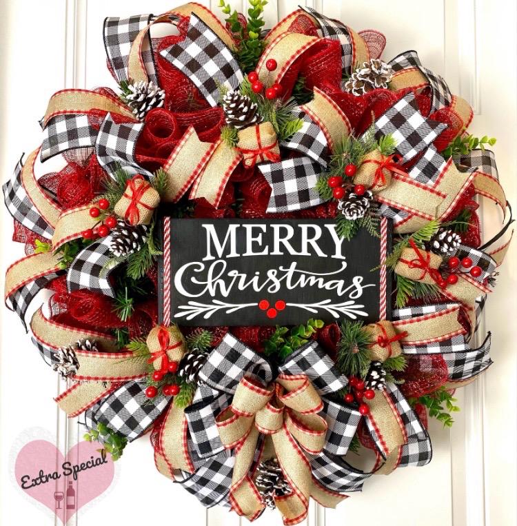 Farmhouse Christmas Wreath: Buffalo Plaid, Red Berries & Burlap