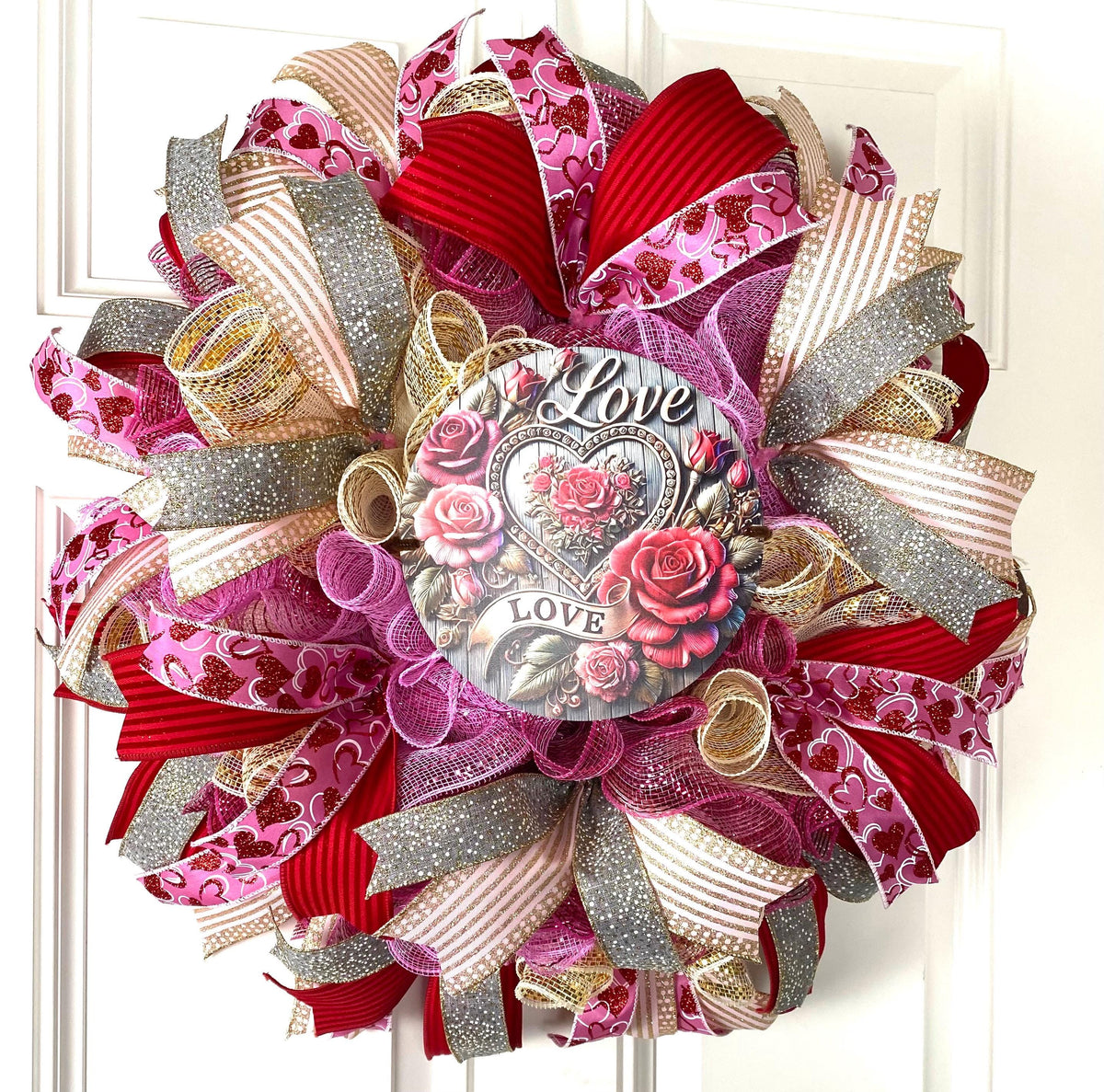 Custom Valentine Wreath -Winter Home Decor- Pink, Red, Magenta Roses