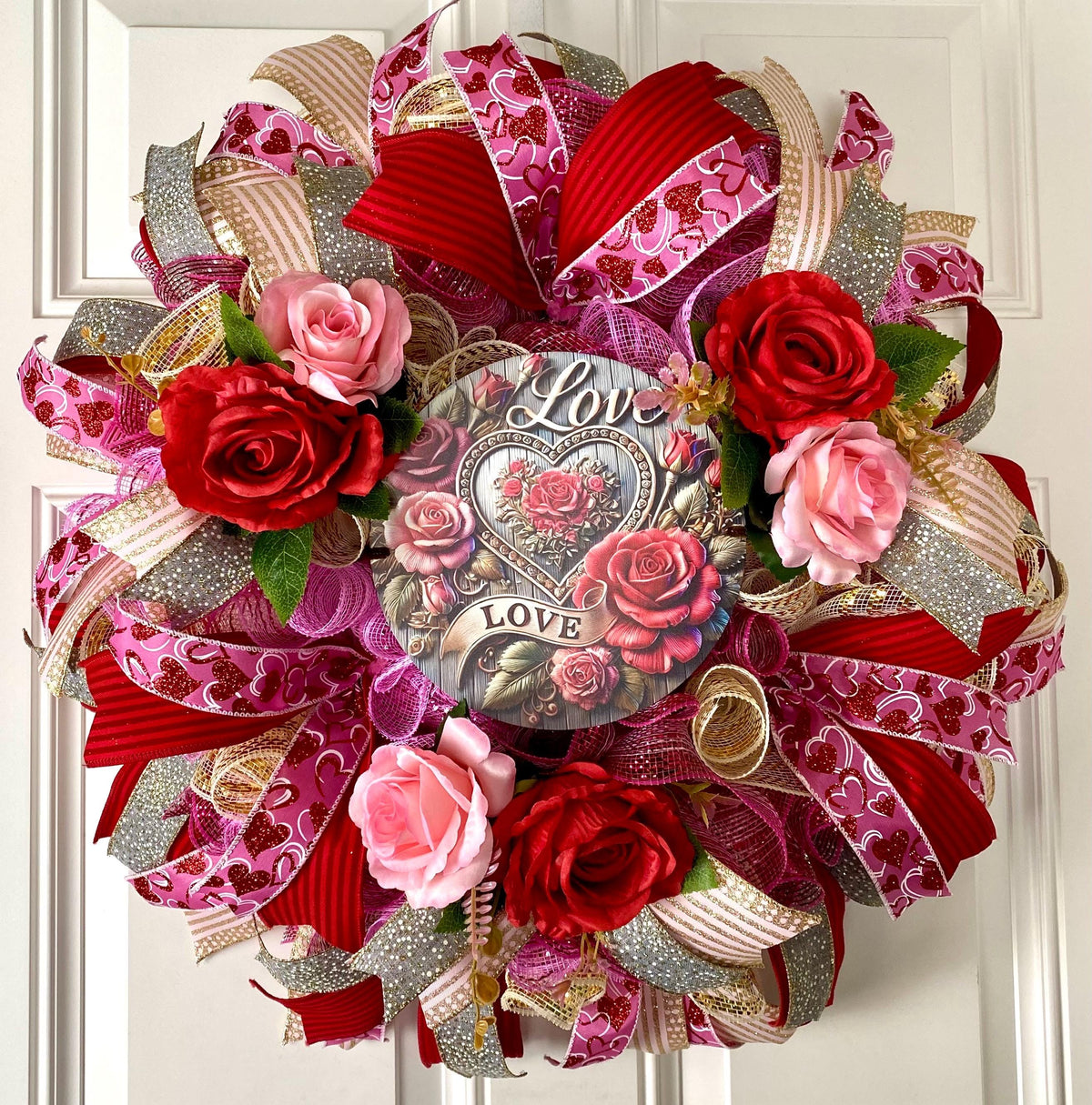Custom Valentine Wreath -Winter Home Decor- Pink, Red, Magenta Roses