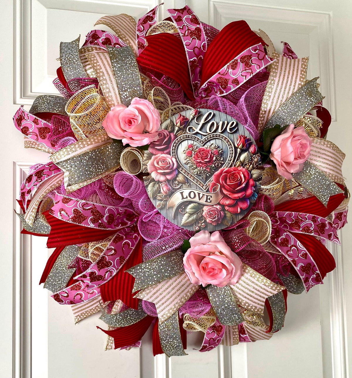 Custom Valentine Wreath -Winter Home Decor- Pink, Red, Magenta Roses