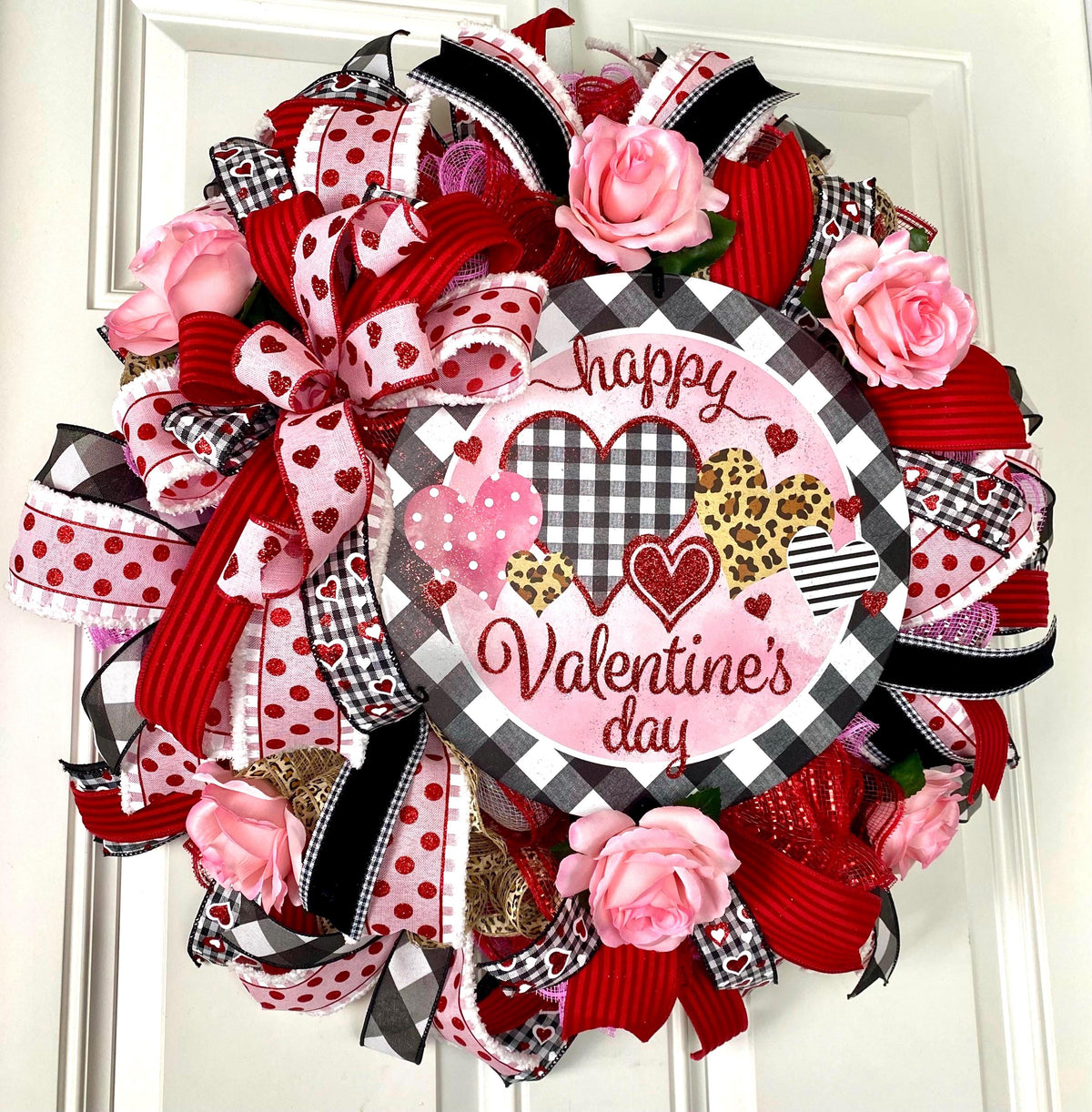Valentine Wreath with Buffalo Check and Leopard Print Accents