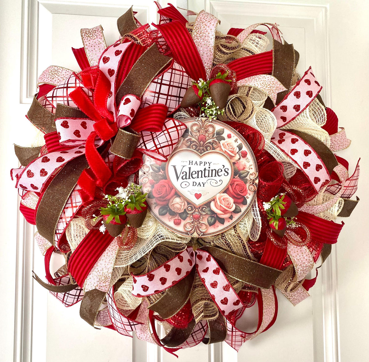 Chocolate Valentine Wreath with Faux Chocolate Strawberry Accents
